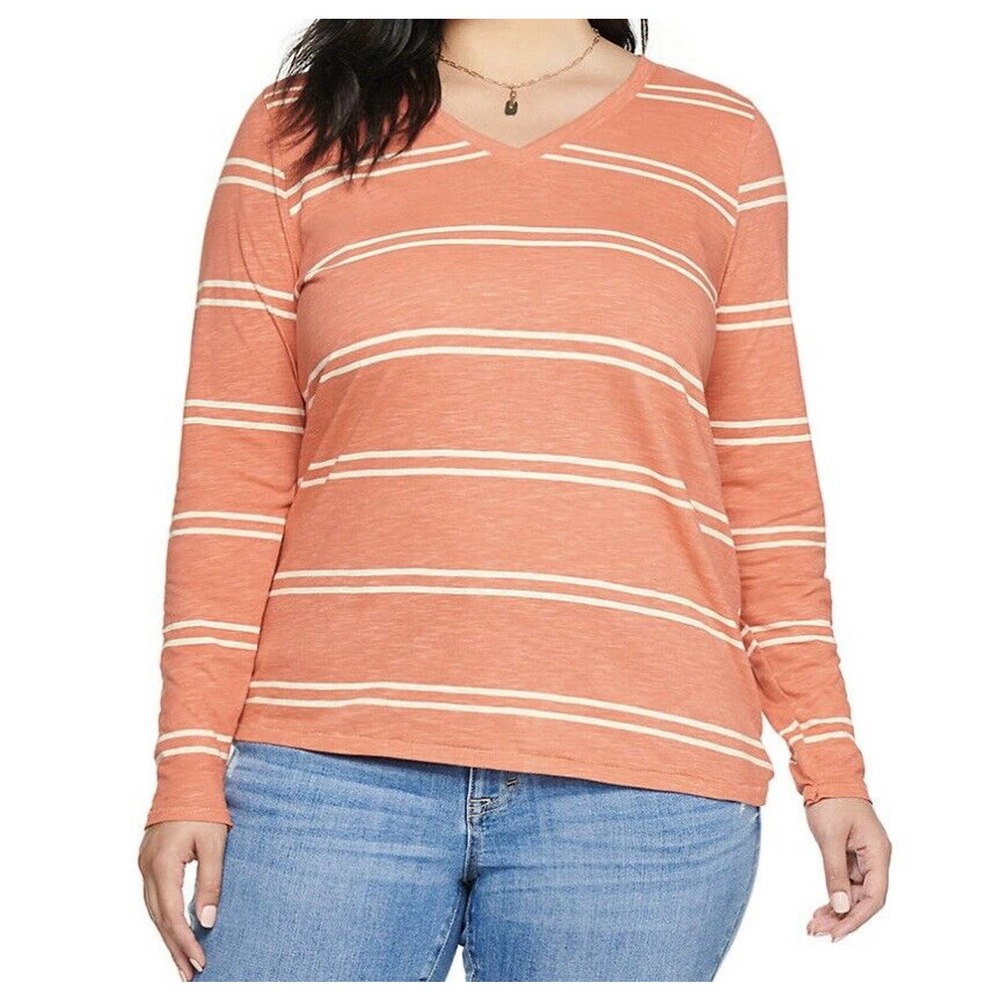 NEW - Sonoma Womens Plus Size 5X Coral Striped Everyday‎ Tee Shirt Long sleeve